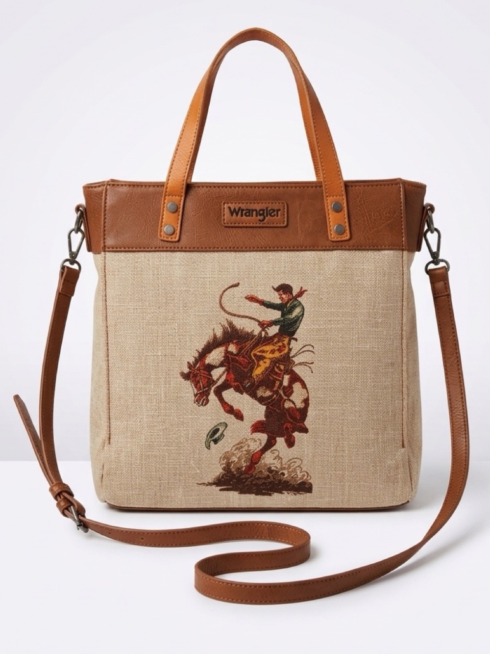 Wrangler Canvas Bucking Bronc Tote, PV Trim,leather handles, Xbody strap, unworn